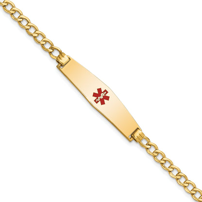 14K Yellow Gold Medical Semi Solid Chain/Solid Plate Soft Diamond Shape 33X8mm Centered Red Enamel Curb Link 7 Inch Id Bracelet