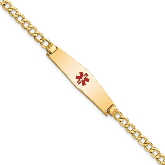 14K Yellow Gold Medical Semi Solid Chain/Solid Plate Soft Diamond Shape 33X8mm Centered Red Enamel Curb Link 7 Inch Id Bracelet
