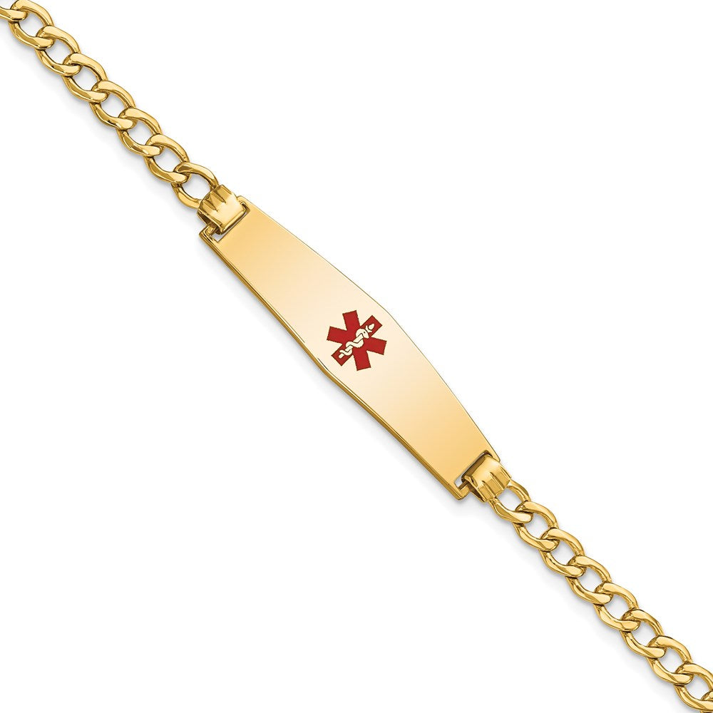 14K Yellow Gold Medical Semi Solid Chain/Solid Plate Soft Diamond Shape 33X8mm Centered Red Enamel Curb Link 8 Inch Id Bracelet