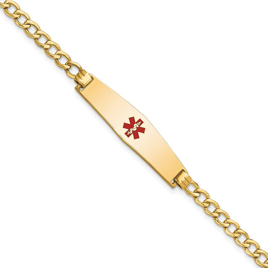 14K Yellow Gold Medical Semi Solid Chain/Solid Plate Soft Diamond Shape 33X8mm Centered Red Enamel Curb Link 8 Inch Id Bracelet