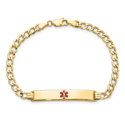 14K Yellow Gold Medical Semi Solid Chain/Solid Plate 34X6mm Centered Red Enamel Curb Link 8 Inch Id Bracelet