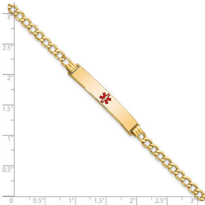 14K Yellow Gold Medical Semi Solid Chain/Solid Plate 34X6mm Centered Red Enamel Curb Link 7 Inch Id Bracelet