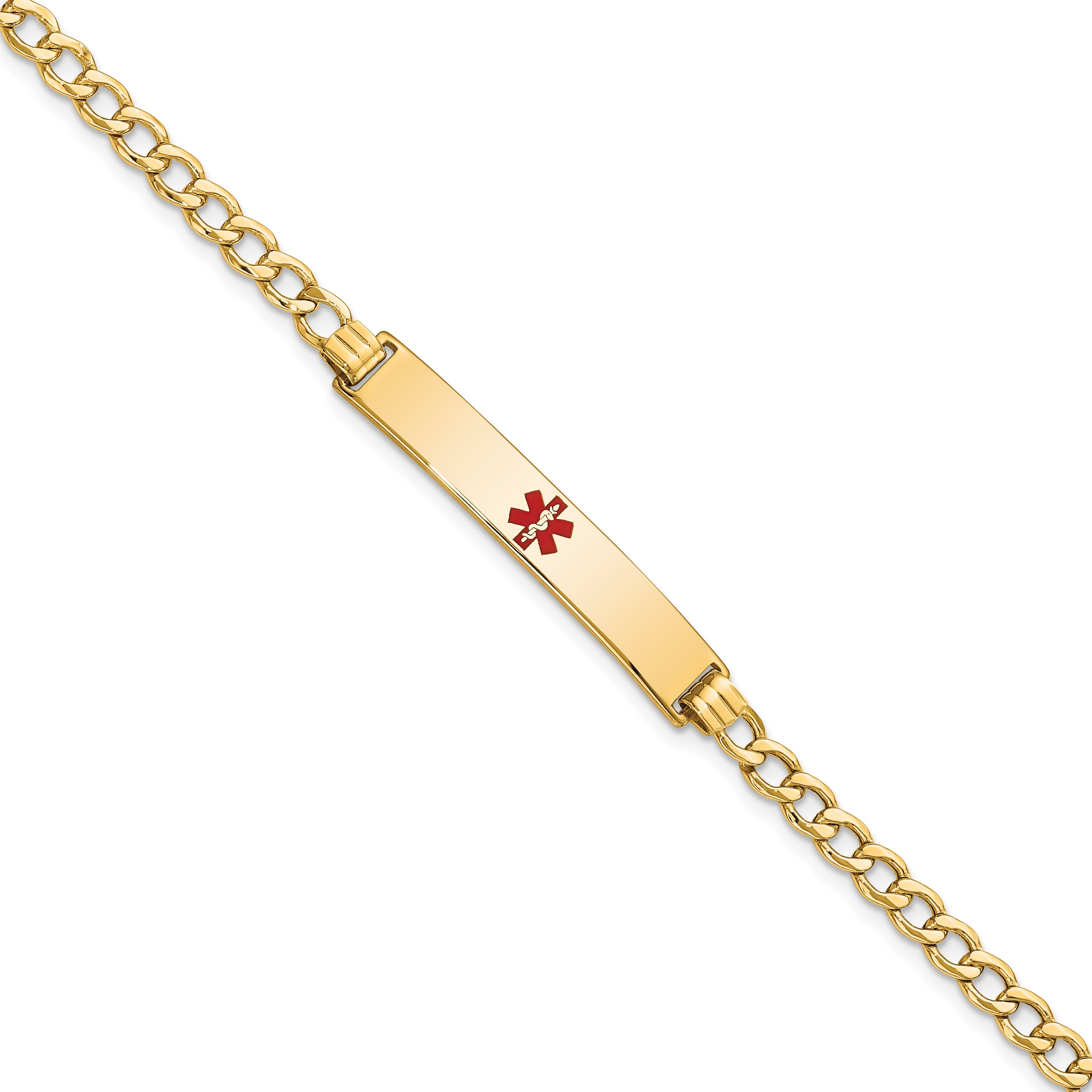 14K Yellow Gold Medical Semi Solid Chain/Solid Plate 34X6mm Centered Red Enamel Curb Link 8 Inch Id Bracelet