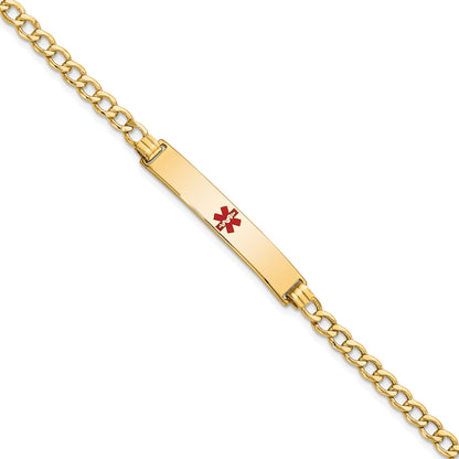 14K Yellow Gold Medical Semi Solid Chain/Solid Plate 34X6mm Centered Red Enamel Curb Link 8 Inch Id Bracelet