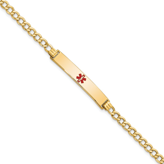 14K Yellow Gold Medical Semi Solid Chain/Solid Plate 34X6mm Centered Red Enamel Curb Link 8 Inch Id Bracelet