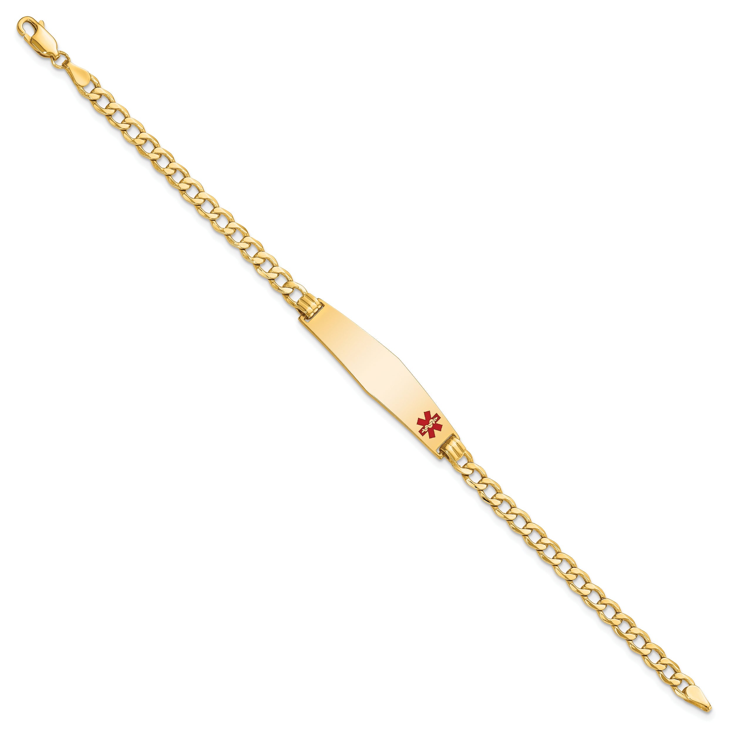 14K Yellow Gold Medical Semi Solid Chain/Solid Plate Soft Diamond Shape 34X8mm Off Center Red Enamel Curb Link 8 Inch Id Bracelet