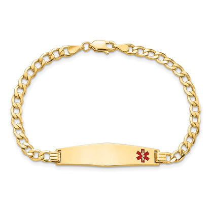 14K Yellow Gold Medical Semi Solid Chain/Solid Plate Soft Diamond Shape 34X8mm Off Center Red Enamel Curb Link 8 Inch Id Bracelet
