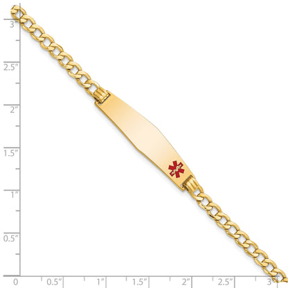 14K Yellow Gold Medical Semi Solid Chain/Solid Plate Soft Diamond Shape 34X8mm Off Center Red Enamel Curb Link 8 Inch Id Bracelet