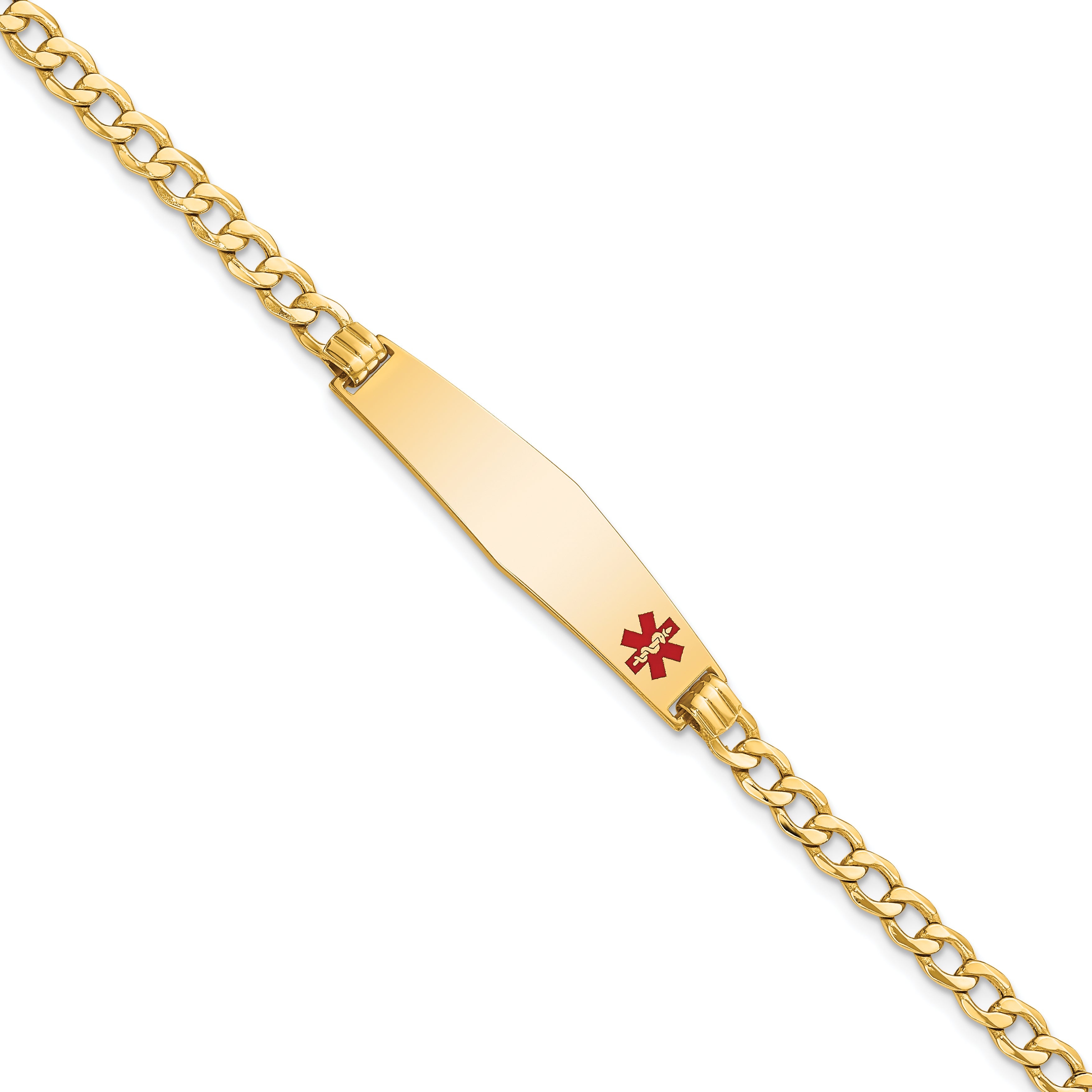 14K Yellow Gold Medical Semi Solid Chain/Solid Plate Soft Diamond Shape 34X8mm Off Center Red Enamel Curb Link 8 Inch Id Bracelet