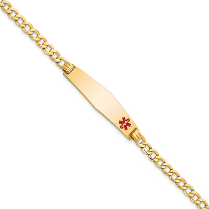 14K Yellow Gold Medical Semi Solid Chain/Solid Plate Soft Diamond Shape 34X8mm Off Center Red Enamel Curb Link 8 Inch Id Bracelet
