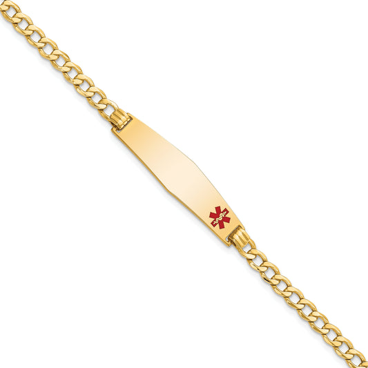 14K Yellow Gold Medical Semi Solid Chain/Solid Plate Soft Diamond Shape 34X8mm Off Center Red Enamel Curb Link 8 Inch Id Bracelet
