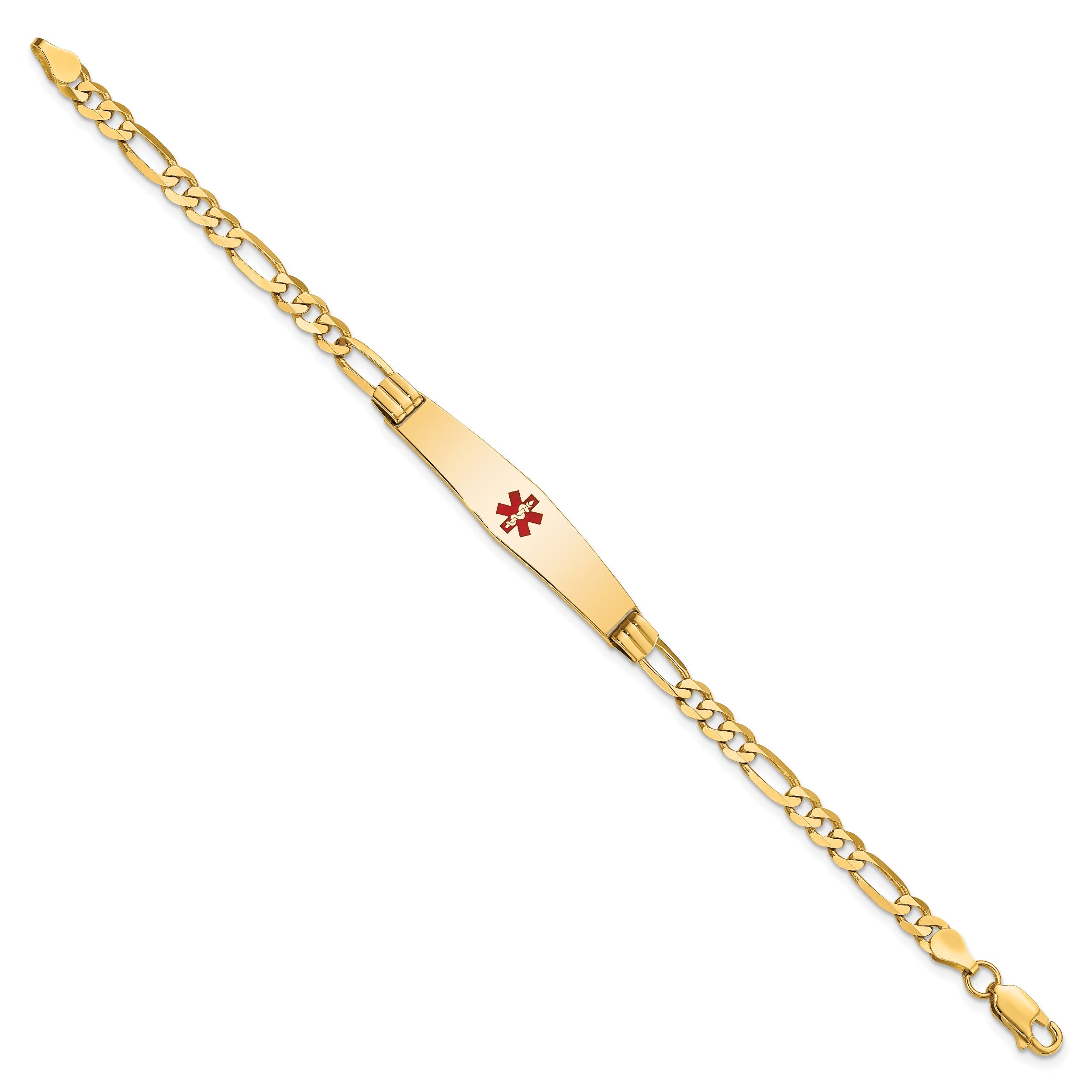 14K Yellow Gold Medical Solid Chain/Solid Plate Soft Diamond Shape 36X9mm Centered Red Enamel Figaro Link 7 Inch Id Bracelet