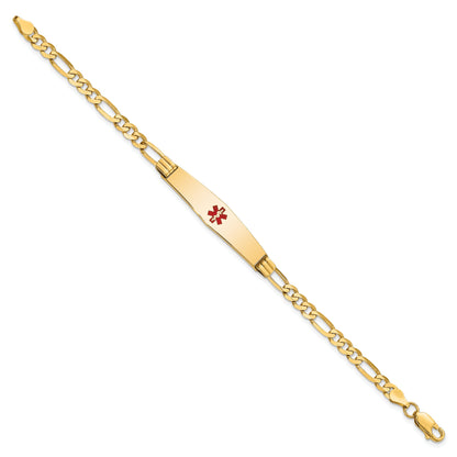 14K Yellow Gold Medical Solid Chain/Solid Plate Soft Diamond Shape 36X9mm Centered Red Enamel Figaro Link 7 Inch Id Bracelet