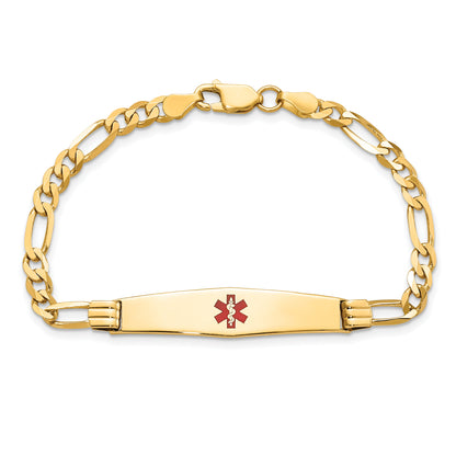 14K Yellow Gold Medical Solid Chain/Solid Plate Soft Diamond Shape 36X9mm Centered Red Enamel Figaro Link 7 Inch Id Bracelet
