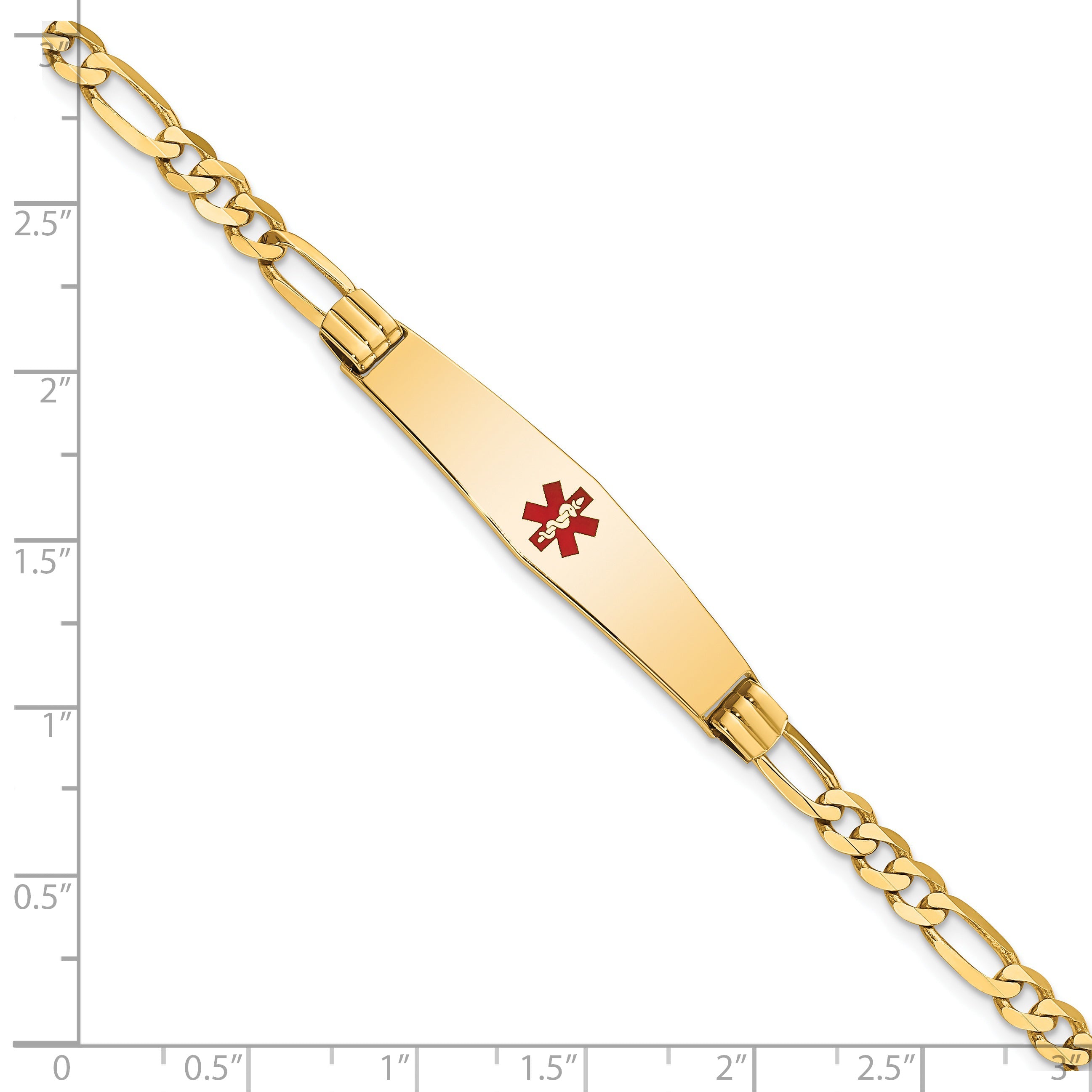 14K Yellow Gold Medical Solid Chain/Solid Plate Soft Diamond Shape 36X9mm Centered Red Enamel Figaro Link 7 Inch Id Bracelet
