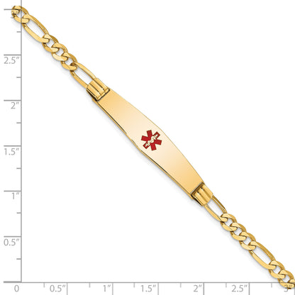 14K Yellow Gold Medical Solid Chain/Solid Plate Soft Diamond Shape 36X9mm Centered Red Enamel Figaro Link 7 Inch Id Bracelet