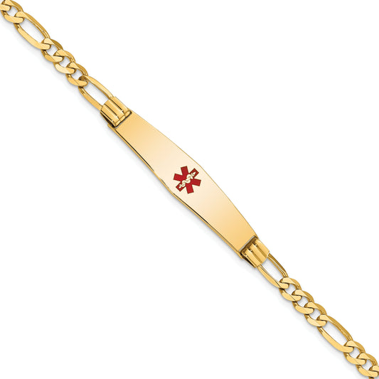 14K Yellow Gold Medical Solid Chain/Solid Plate Soft Diamond Shape 36X9mm Centered Red Enamel Figaro Link 8 Inch Id Bracelet