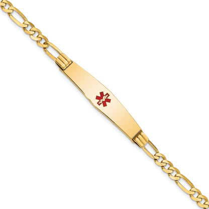 14K Yellow Gold Medical Solid Chain/Solid Plate Soft Diamond Shape 36X9mm Centered Red Enamel Figaro Link 7 Inch Id Bracelet