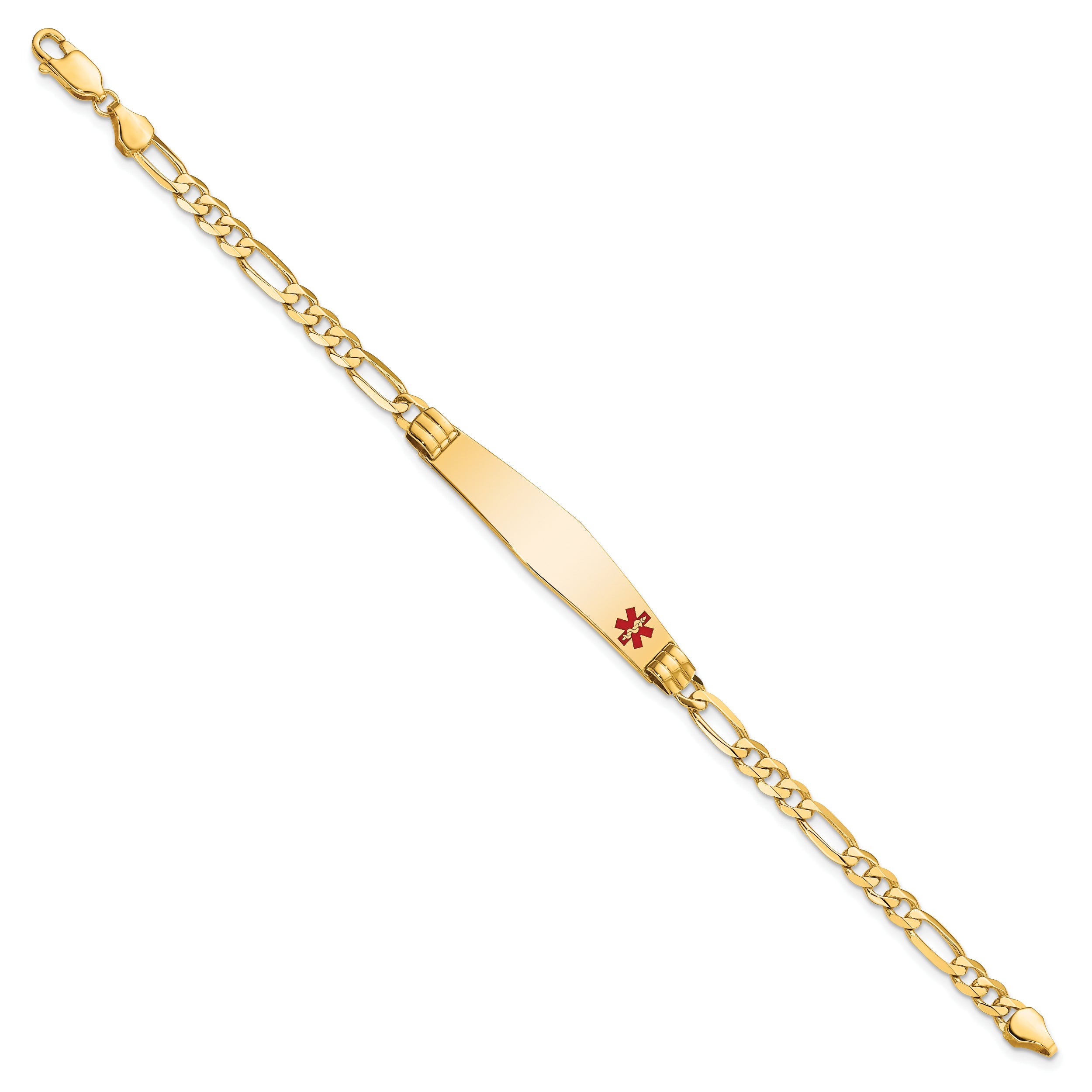 14K Yellow Gold Medical Solid Chain/Solid Plate Soft Diamond Shape 36X9mm Off Center Red Enamel Figaro Link 8 Inch Id Bracelet