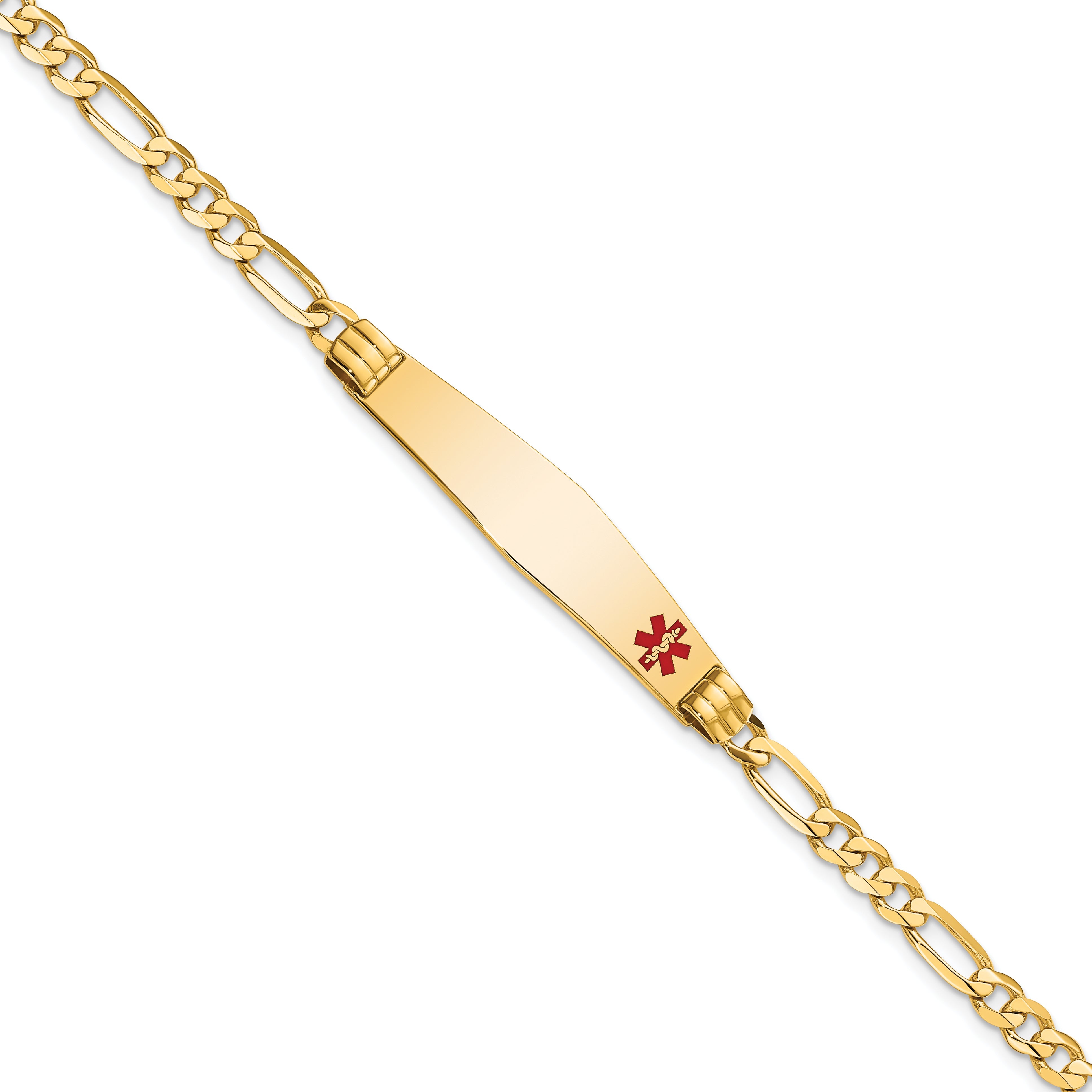 14K Yellow Gold Medical Solid Chain/Solid Plate Soft Diamond Shape 36X9mm Off Center Red Enamel Figaro Link 8 Inch Id Bracelet