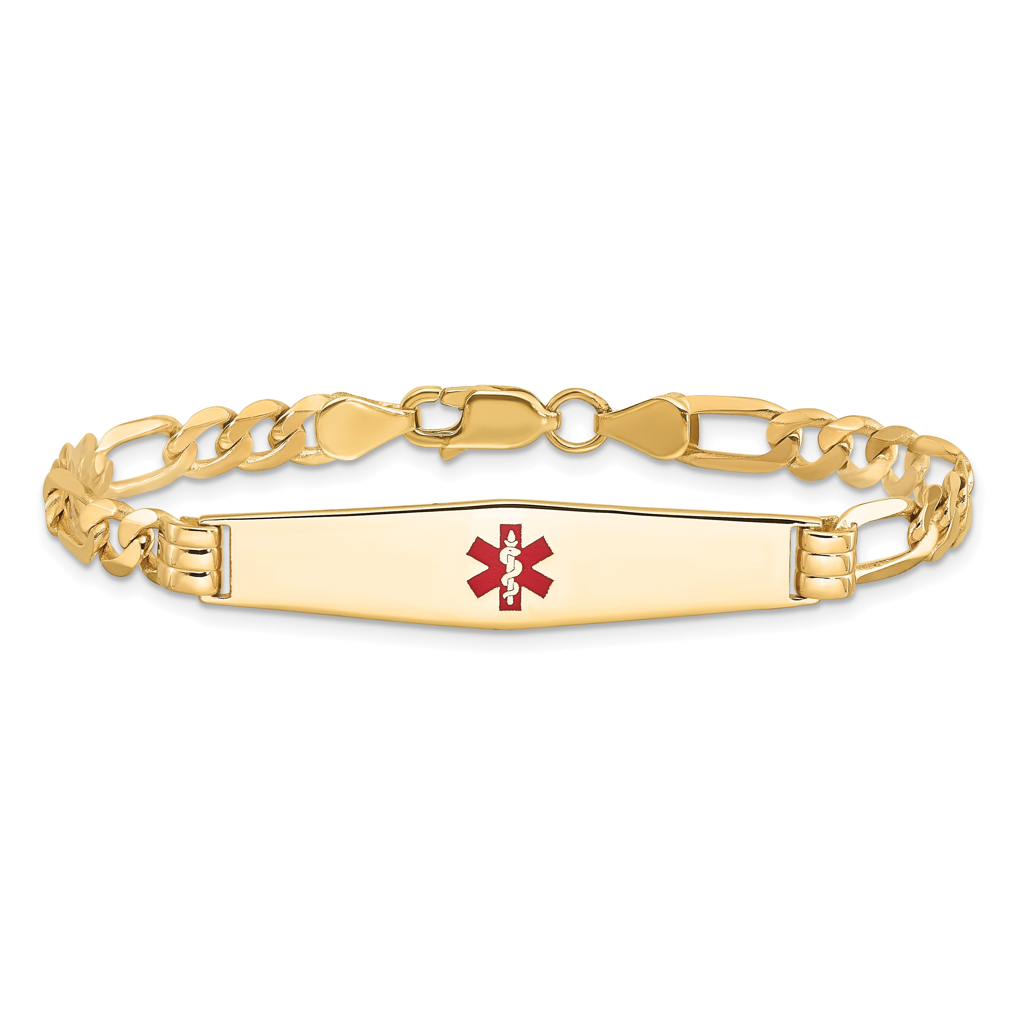 14K Yellow Gold Medical Solid Chain/Solid Plate Soft Diamond Shape 36X9mm Centered Red Enamel Flat Figaro Link 7 Inch Id Bracelet