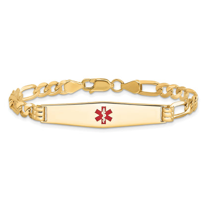 14K Yellow Gold Medical Solid Chain/Solid Plate Soft Diamond Shape 36X9mm Centered Red Enamel Flat Figaro Link 7 Inch Id Bracelet