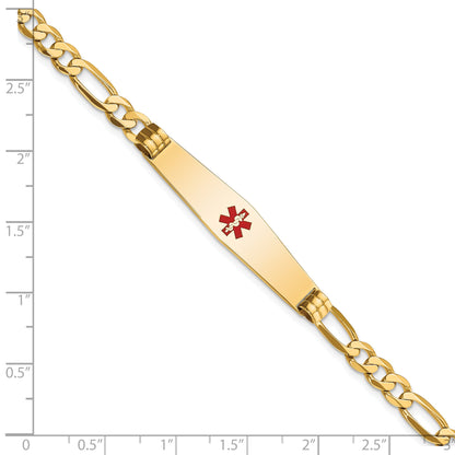 14K Yellow Gold Medical Solid Chain/Solid Plate Soft Diamond Shape 36X9mm Centered Red Enamel Flat Figaro Link 7 Inch Id Bracelet