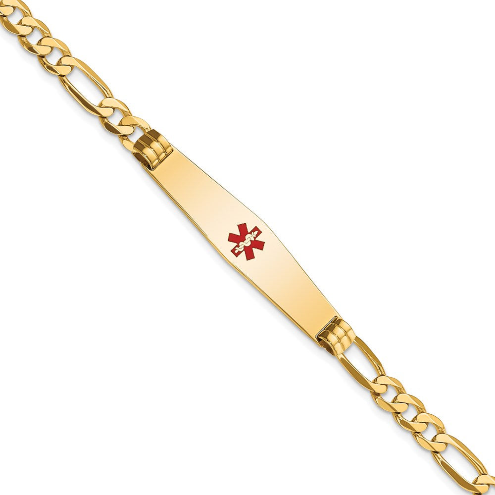 14K Yellow Gold Medical Solid Chain/Solid Plate Soft Diamond Shape 36X9mm Centered Red Enamel Flat Figaro Link 8 Inch Id Bracelet