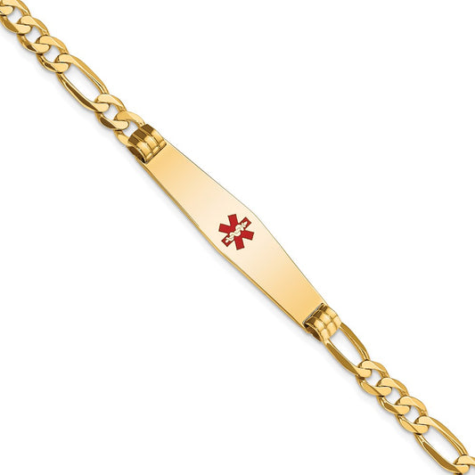 14K Yellow Gold Medical Solid Chain/Solid Plate Soft Diamond Shape 36X9mm Centered Red Enamel Flat Figaro Link 8 Inch Id Bracelet