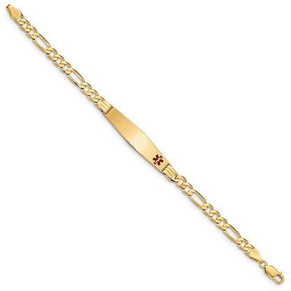 14K Yellow Gold Medical Solid Chain/Solid Plate Soft Diamond Shape 36X9mm Off Center Red Enamel Flat Figaro Link 7 Inch Id Bracelet