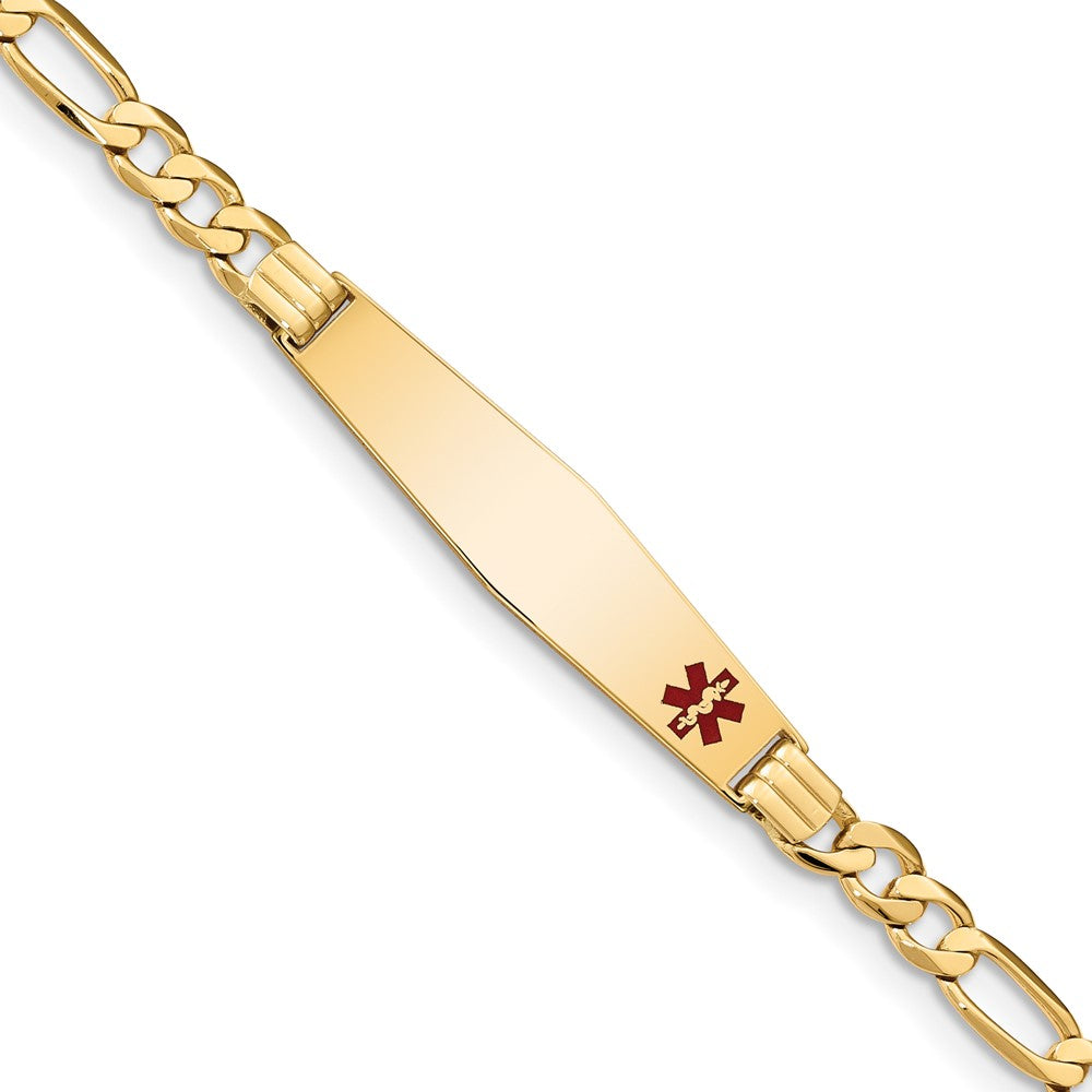 14K Yellow Gold Medical Solid Chain/Solid Plate Soft Diamond Shape 36X9mm Off Center Red Enamel Flat Figaro Link 7 Inch Id Bracelet
