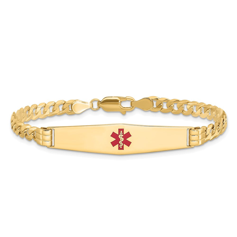 14K Yellow Gold Medical Solid Chain/Solid Plate Soft Diamond Shape 36X9mm Centered Red Enamel Curb Link 7 Inch Id Bracelet