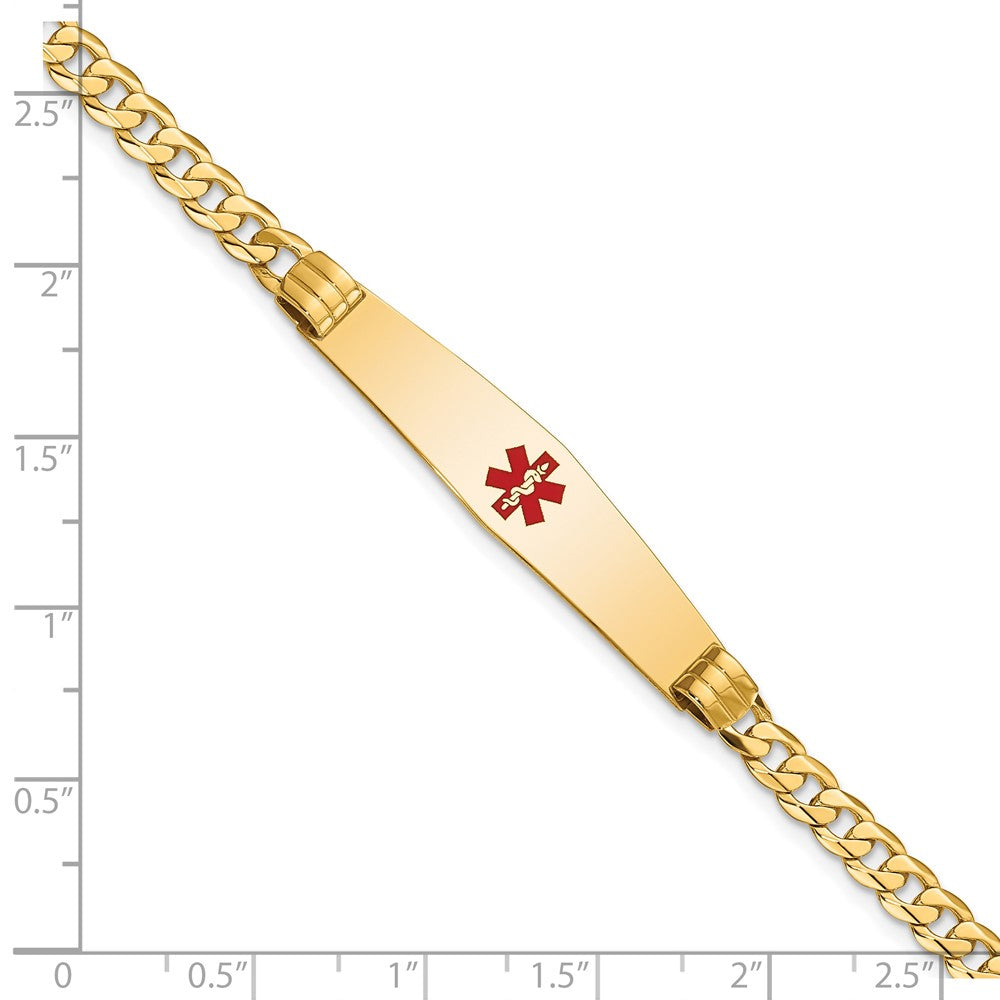 14K Yellow Gold Medical Solid Chain/Solid Plate Soft Diamond Shape 36X9mm Centered Red Enamel Curb Link 7 Inch Id Bracelet