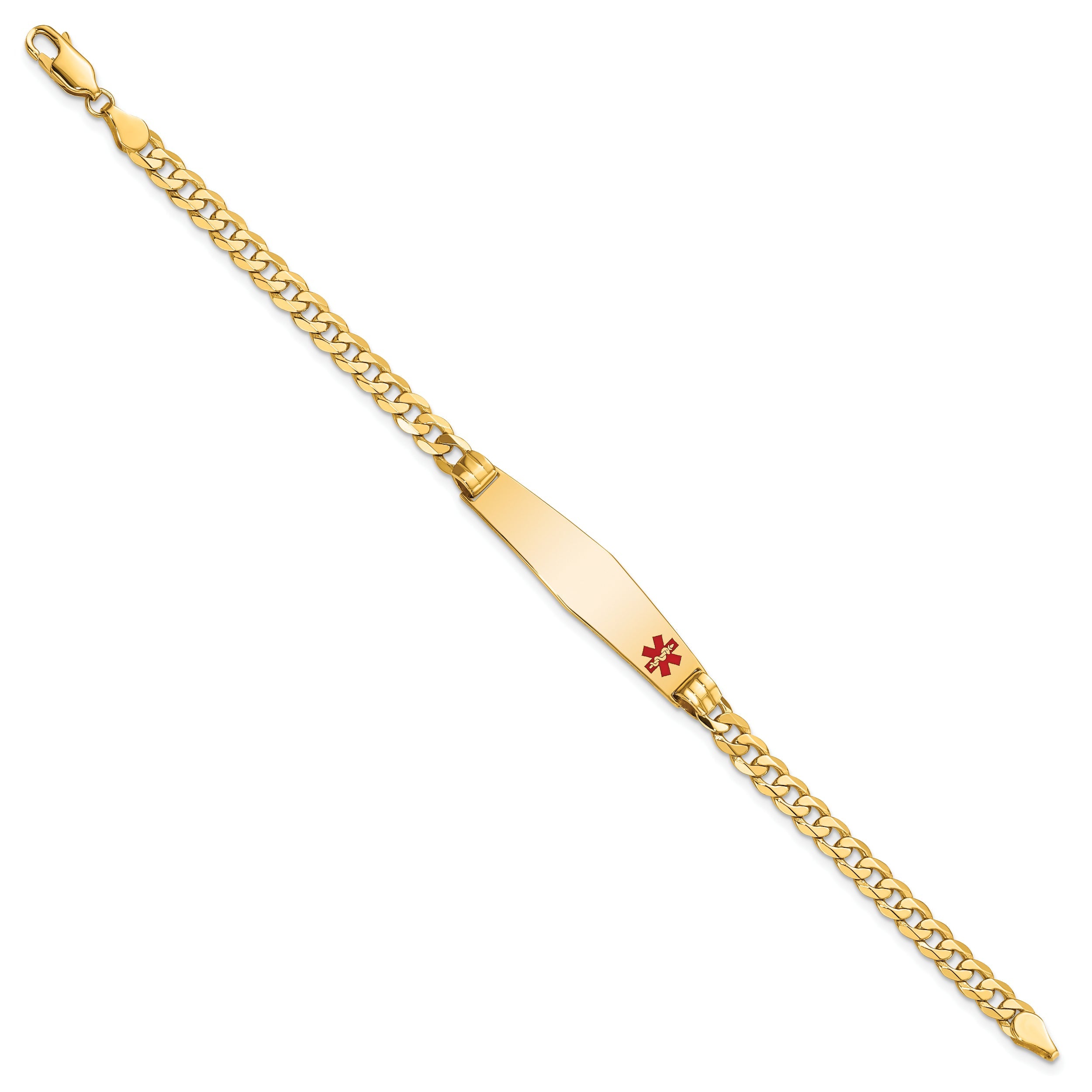 14K Yellow Gold Medical Solid Chain/Solid Plate Soft Diamond Shape 36X9mm Off Center Red Enamel Curb Link 7 Inch Id Bracelet