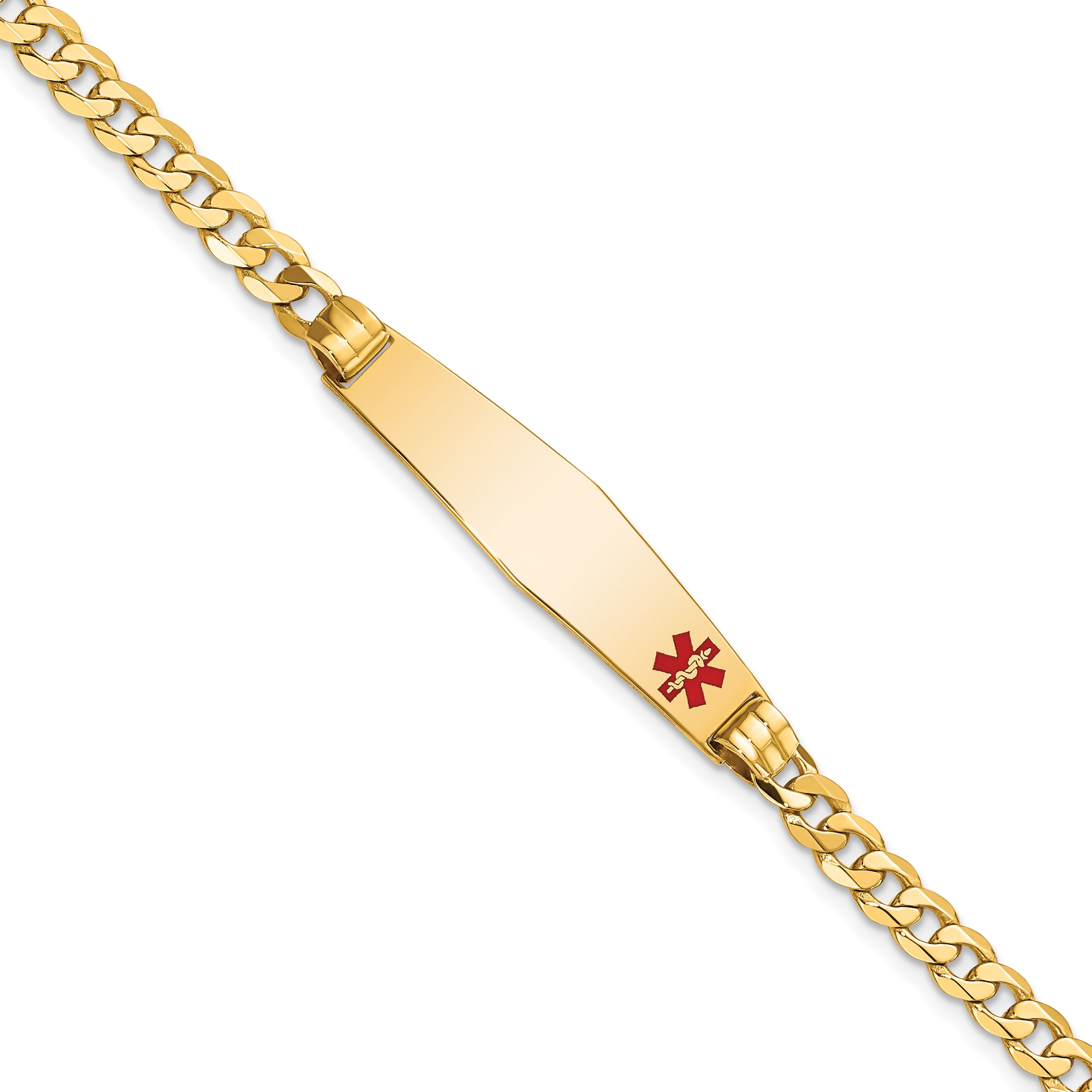 14K Yellow Gold Medical Solid Chain/Solid Plate Soft Diamond Shape 36X9mm Off Center Red Enamel Curb Link 8 Inch Id Bracelet