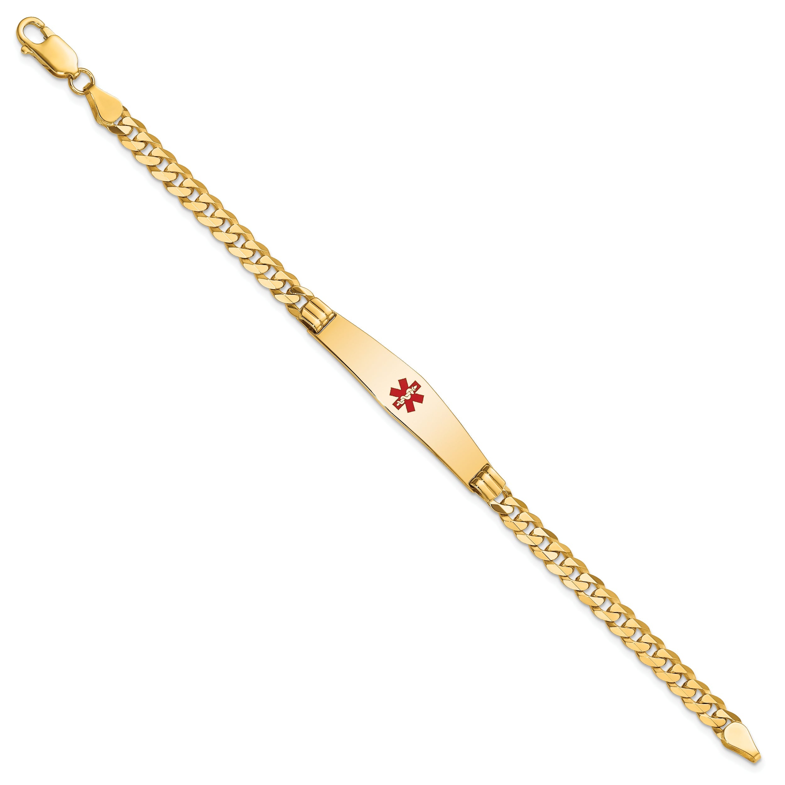 14K Yellow Gold Medical Solid Chain/Solid Plate Soft Diamond Shape 36X9mm Centered Red Enamel Curb Link 8 Inch Id Bracelet