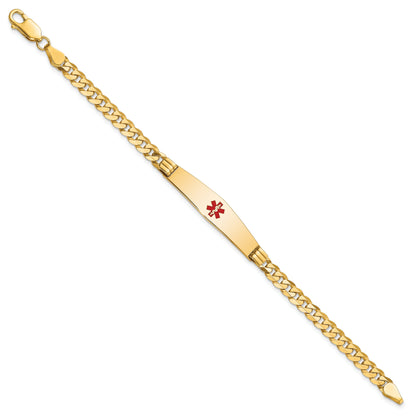 14K Yellow Gold Medical Solid Chain/Solid Plate Soft Diamond Shape 36X9mm Centered Red Enamel Curb Link 8 Inch Id Bracelet