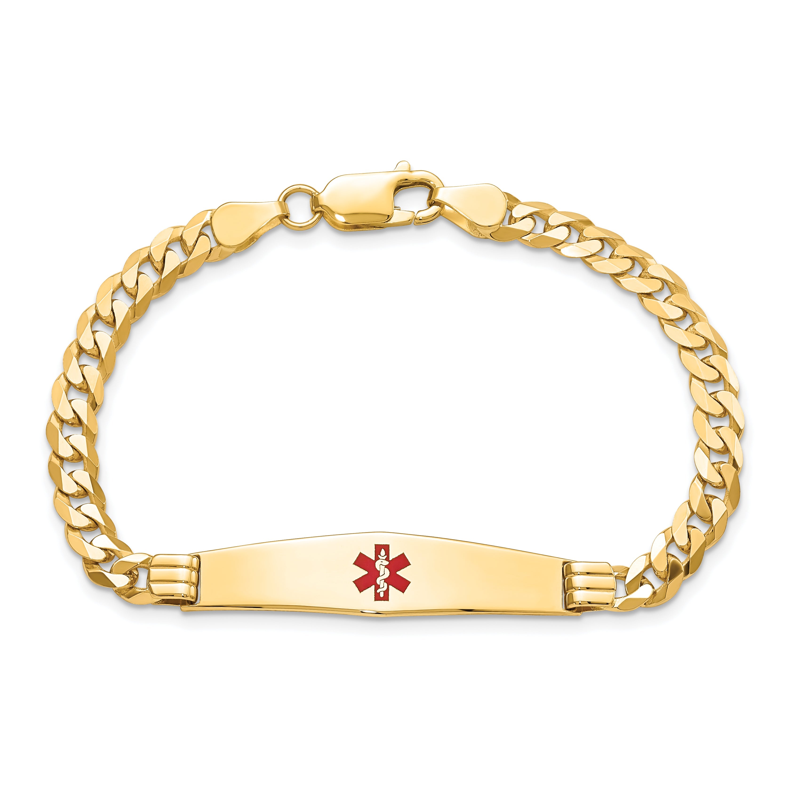 14K Yellow Gold Medical Solid Chain/Solid Plate Soft Diamond Shape 36X9mm Centered Red Enamel Curb Link 8 Inch Id Bracelet