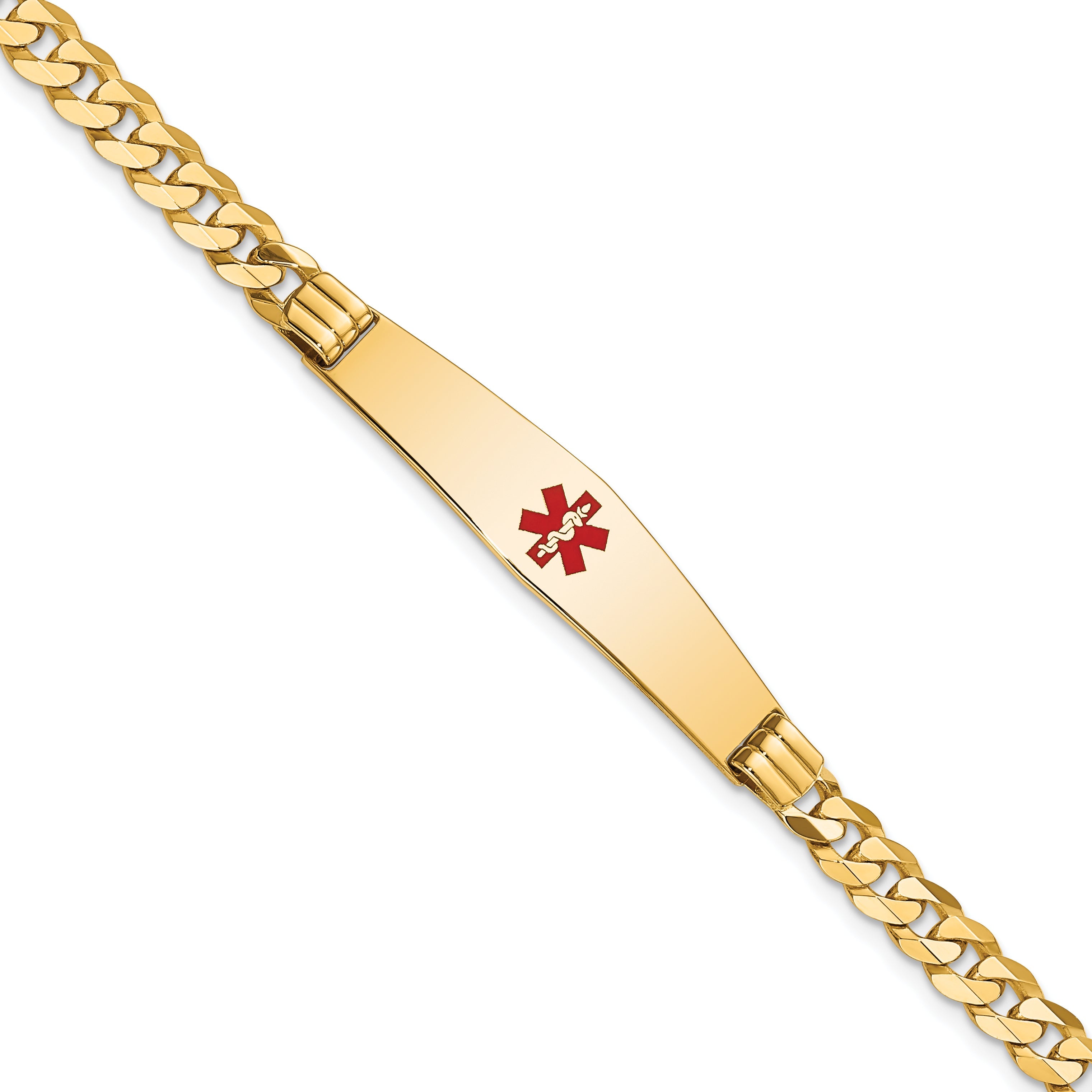 14K Yellow Gold Medical Solid Chain/Solid Plate Soft Diamond Shape 36X9mm Centered Red Enamel Curb Link 8 Inch Id Bracelet