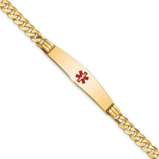 14K Yellow Gold Medical Solid Chain/Solid Plate Soft Diamond Shape 36X9mm Centered Red Enamel Curb Link 8 Inch Id Bracelet