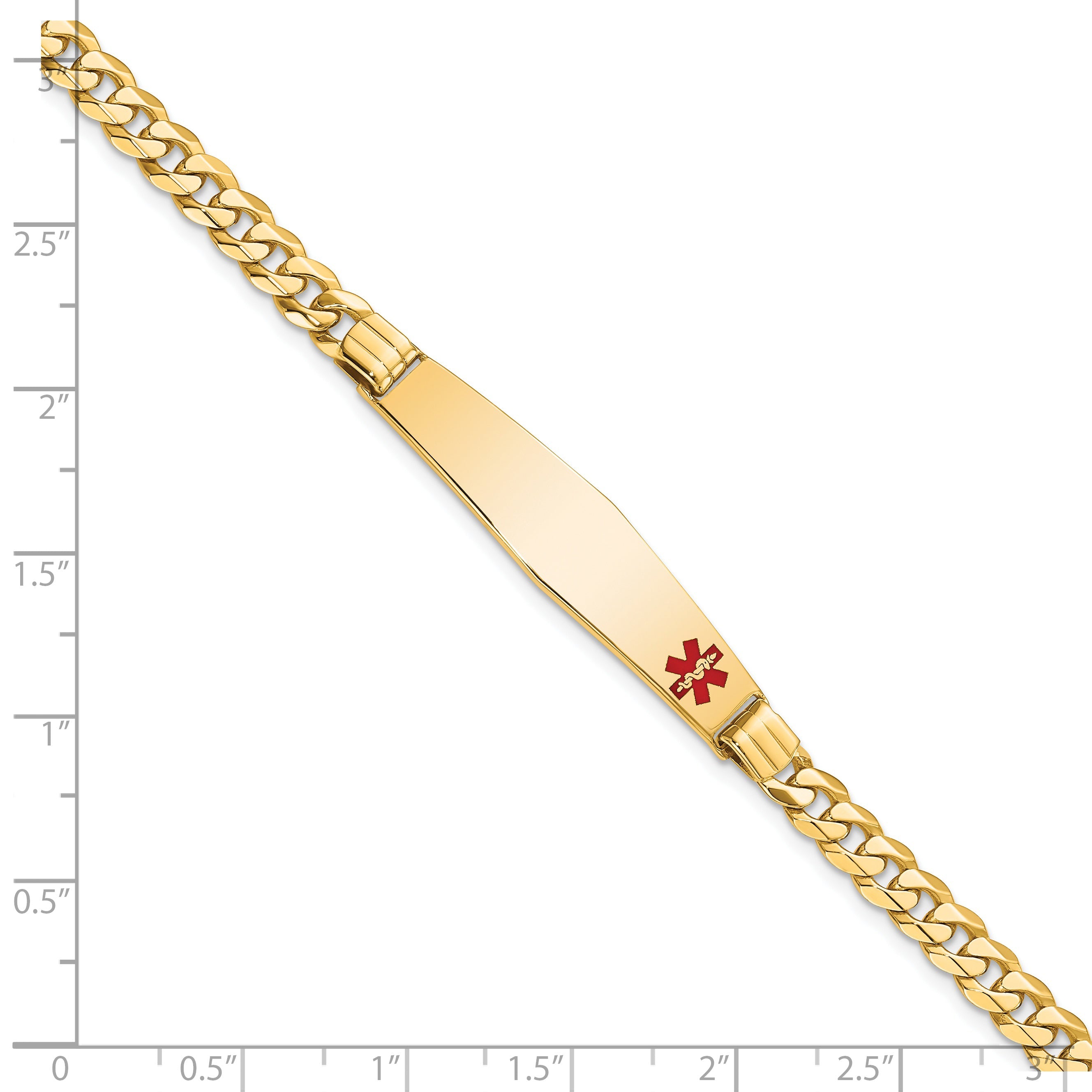14K Yellow Gold Medical Solid Chain/Solid Plate Soft Diamond Shape 36X9mm Off Center Red Enamel Curb Link 8 Inch Id Bracelet
