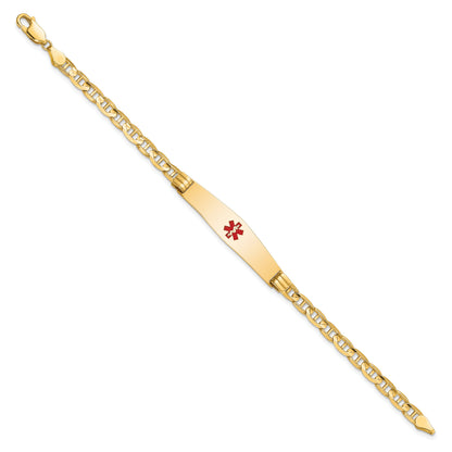 14K Yellow Gold Medical Solid Chain/Solid Plate Soft Diamond Shape 36X9mm Centered Red Enamel Anchor Link 8 Inch Id Bracelet