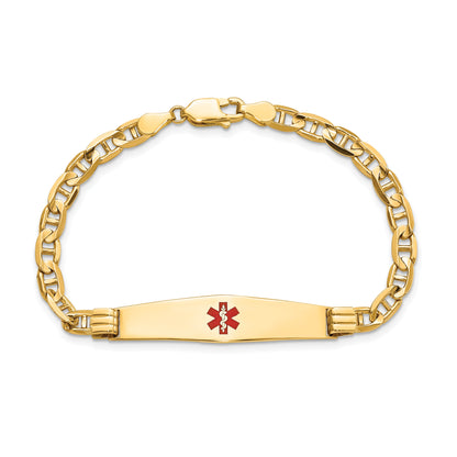 14K Yellow Gold Medical Solid Chain/Solid Plate Soft Diamond Shape 36X9mm Centered Red Enamel Anchor Link 7 Inch Id Bracelet