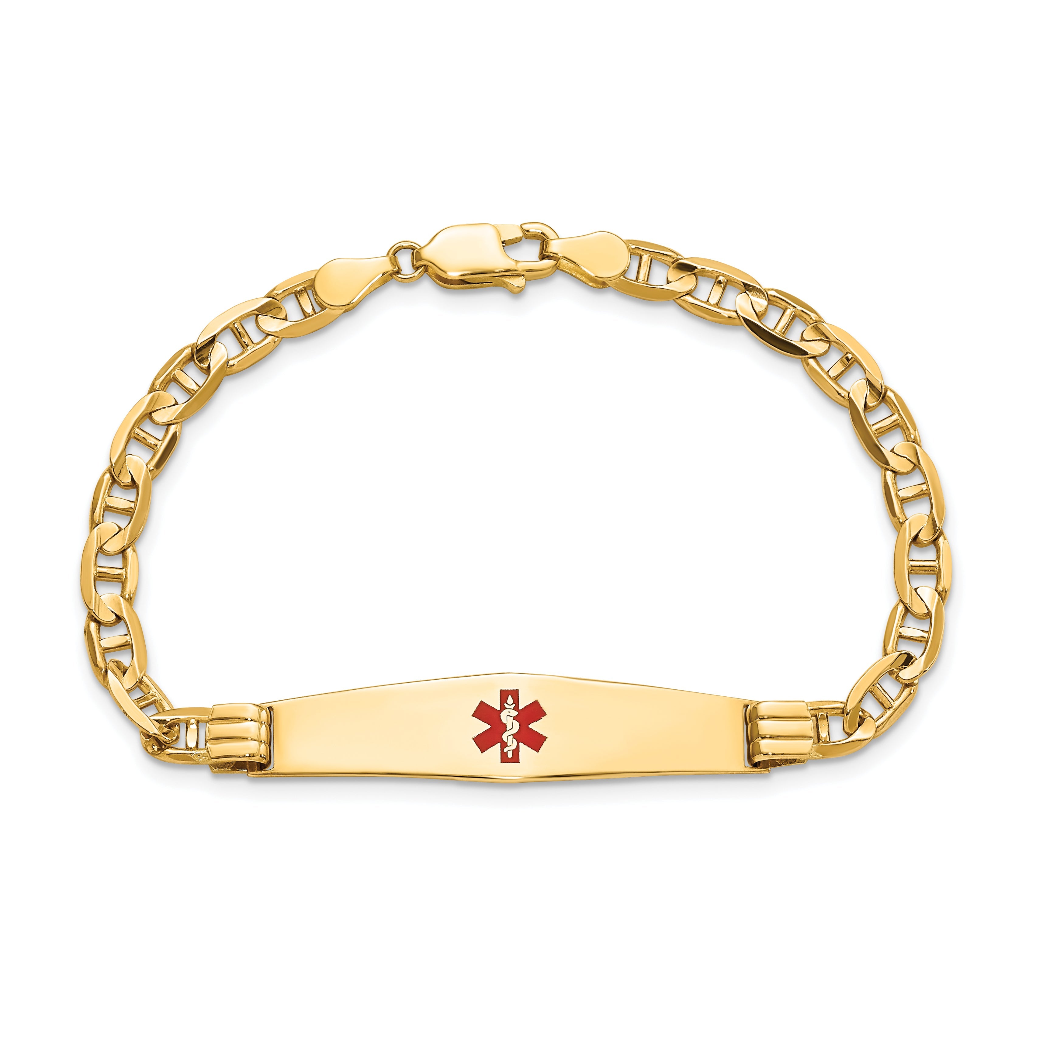 14K Yellow Gold Medical Solid Chain/Solid Plate Soft Diamond Shape 36X9mm Centered Red Enamel Anchor Link 8 Inch Id Bracelet