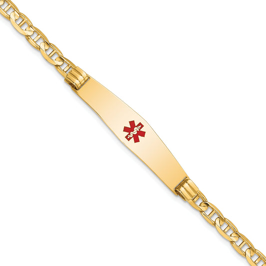 14K Yellow Gold Medical Solid Chain/Solid Plate Soft Diamond Shape 36X9mm Centered Red Enamel Anchor Link 7 Inch Id Bracelet