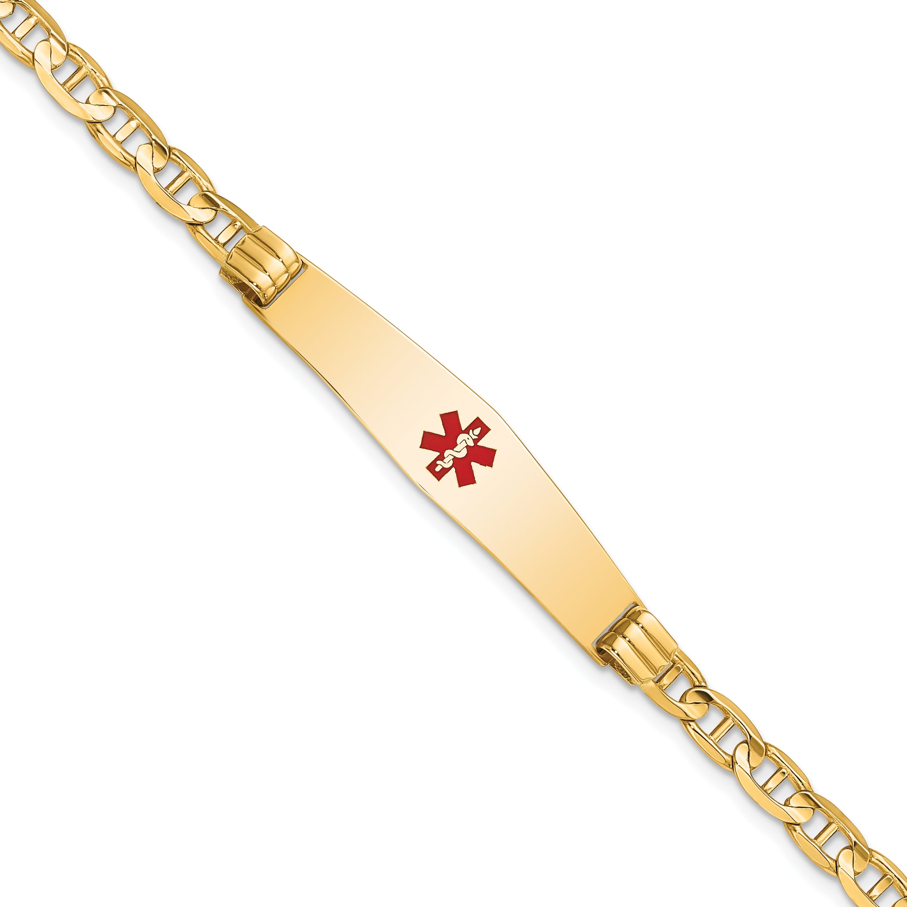 14K Yellow Gold Medical Solid Chain/Solid Plate Soft Diamond Shape 36X9mm Centered Red Enamel Anchor Link 8 Inch Id Bracelet