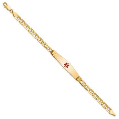 14K Yellow Gold Medical Solid Chain/Solid Plate Soft Diamond Shape 36X9mm Centered Red Enamel Anchor Link 7 Inch Id Bracelet