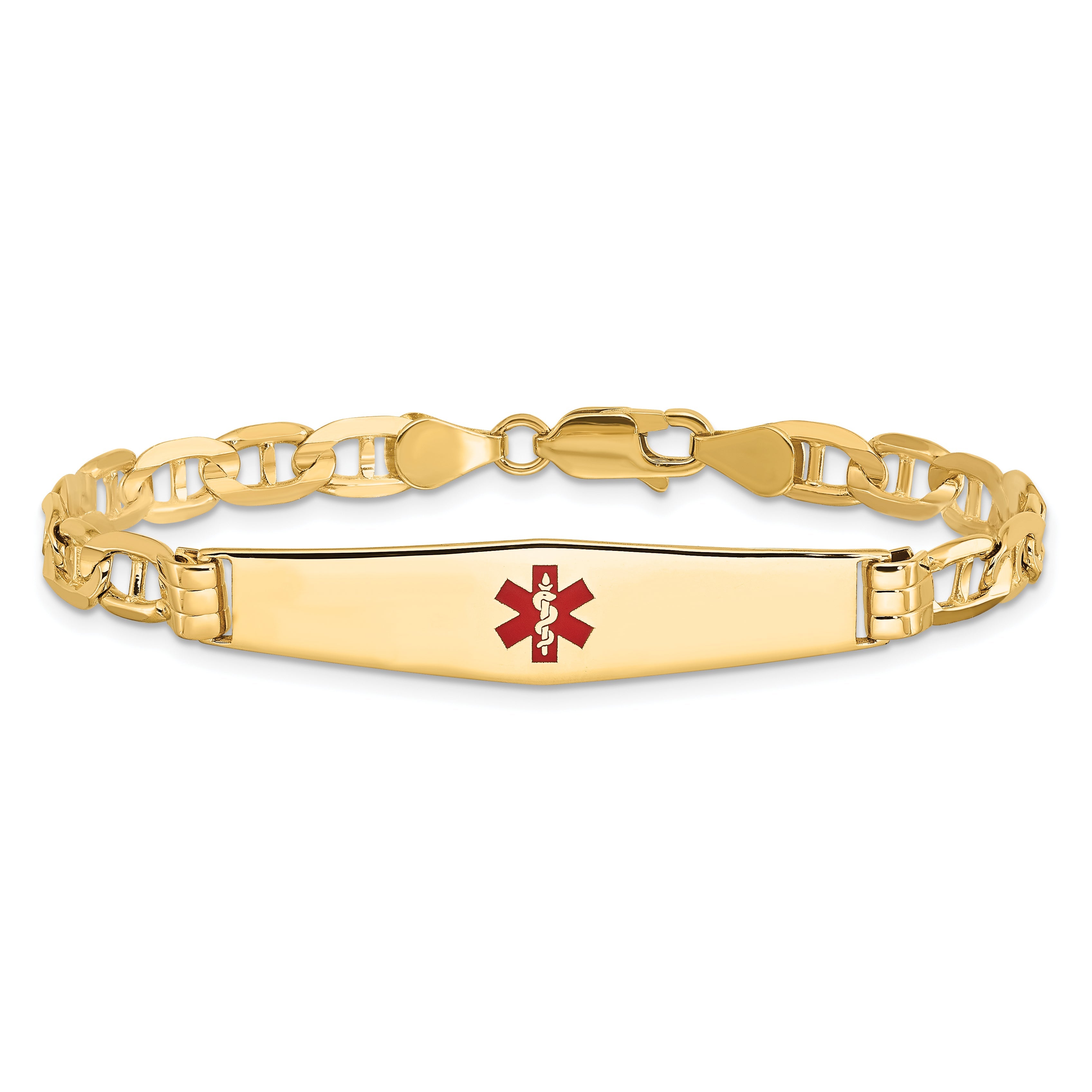 14K Yellow Gold Medical Solid Chain/Solid Plate Soft Diamond Shape 36X9mm Centered Red Enamel Anchor Link 7 Inch Id Bracelet