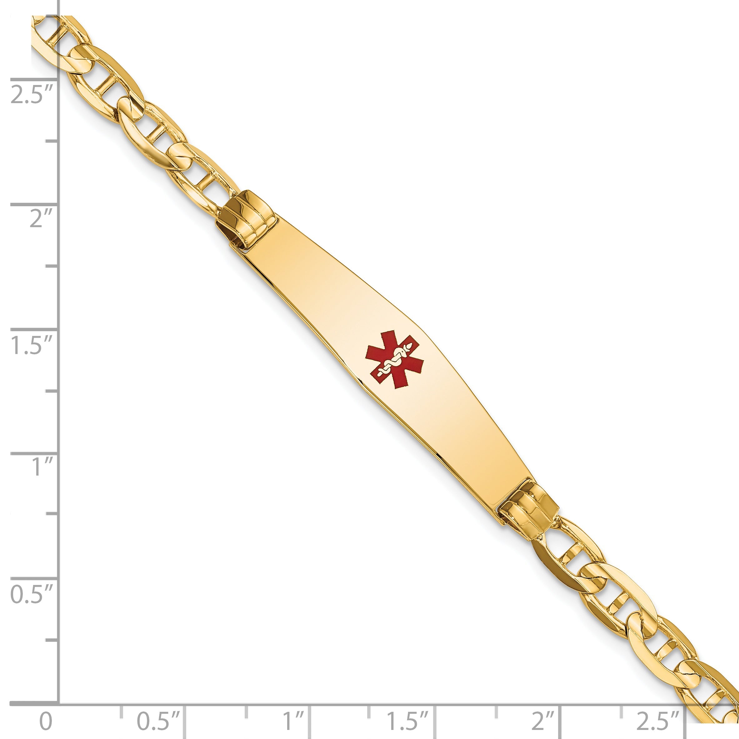14K Yellow Gold Medical Solid Chain/Solid Plate Soft Diamond Shape 36X9mm Centered Red Enamel Anchor Link 7 Inch Id Bracelet