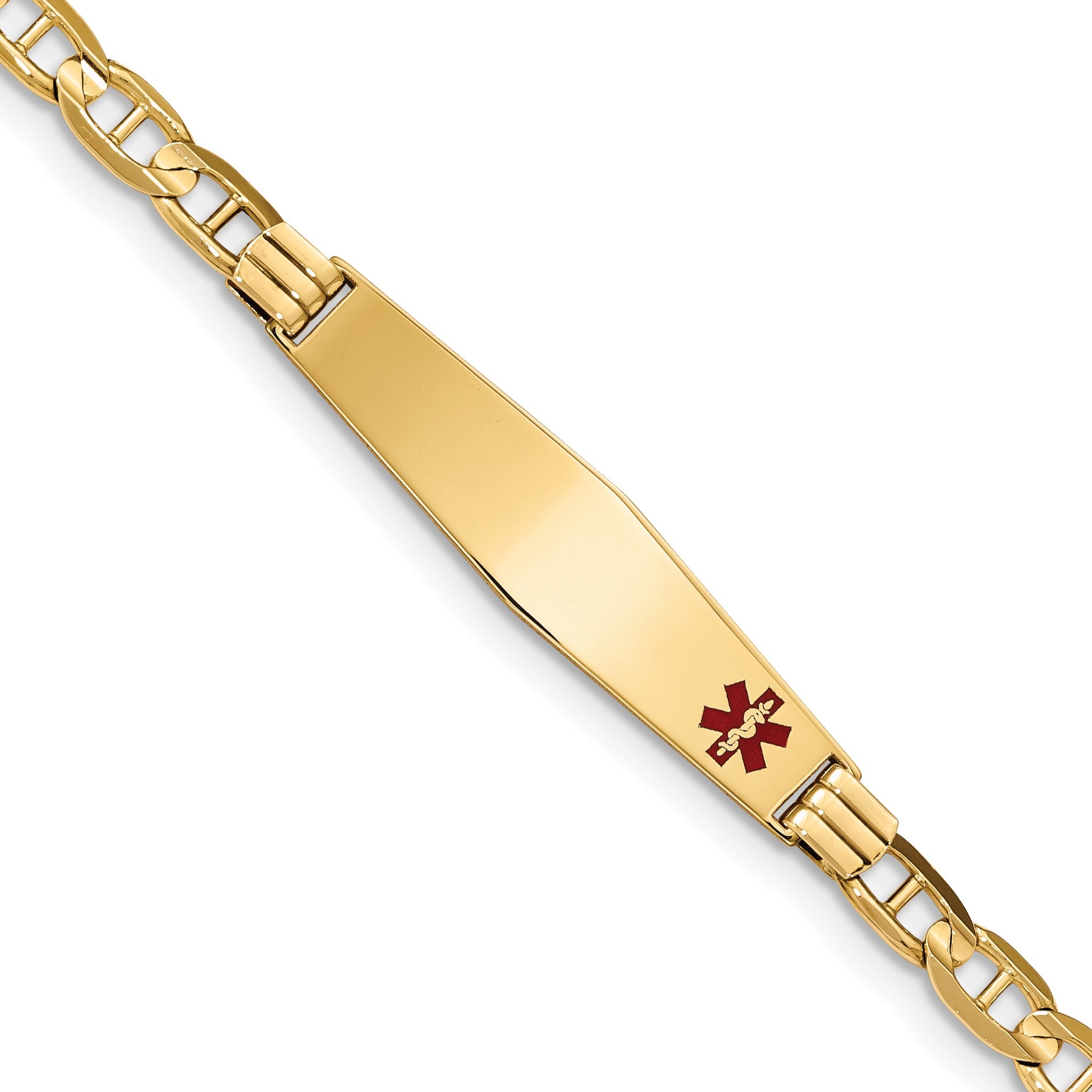 14K Yellow Gold Medical Solid Chain/Solid Plate Soft Diamond Shape 37X9mm Off Center Red Enamel Anchor Link 7 Inch Id Bracelet